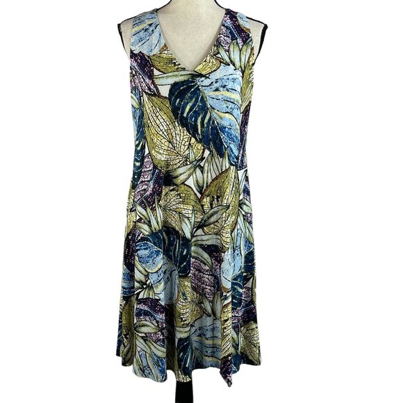 Anne Klein SZ 4 A-Line Dress Sleeveless Stretch V-Neck Leaf Print Lined Multi - Picture 1 of 8